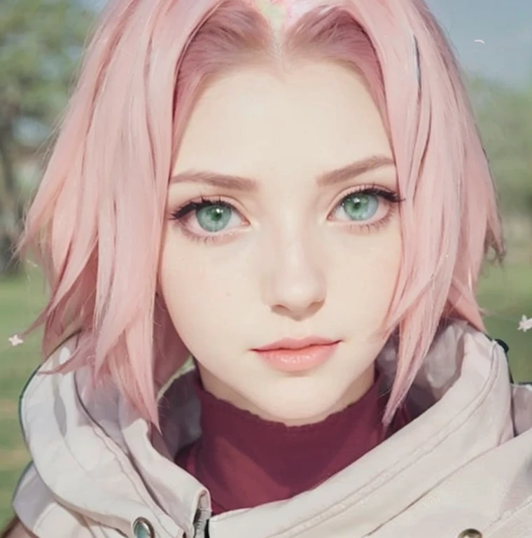 young woman, porcelain skin, long pink hair, wide forehead, thin pink eyebrows, emerald green eyes, upturned nose, thick red lips, heart-shaped face, red and white dress, Sakura Haruno, 3d, realism