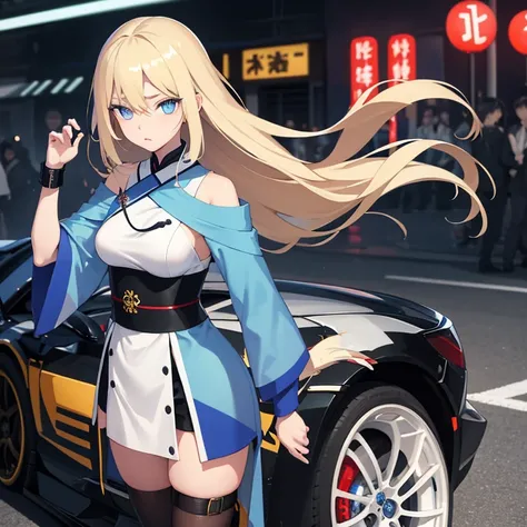 Russian girl。long blonde hair and blue eyes。i&#39;A little shy with sparkling eyes。street racer。Tokyo Drift。Japanese modified cars。