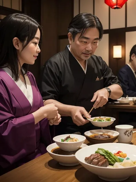 ((Best quality at best, tmasterpiece:1.2), Detailed pubic hair, s the perfect face), A middle-aged man with thinning hair, Enjoy exquisite Japanese kaiseki cuisine with your family, in a joyful atmosphere.