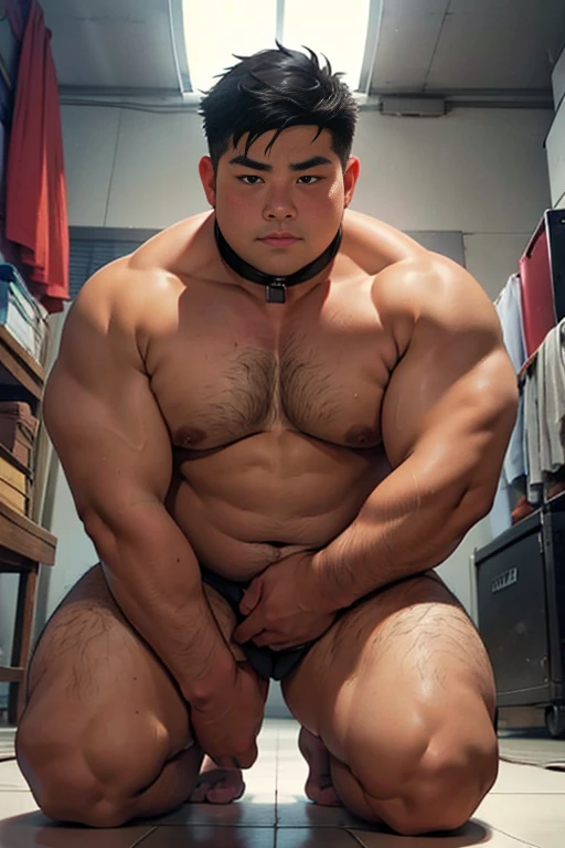 Best quality, tmasterpiece, A high resolution, Fat guy with muscles, naked,with a round face, Black colored eyes, black hair color short hair，doggy style，choker，kneel down，strong limbs，chubby，erectilt