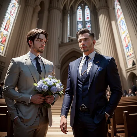 k hd，8K分辨率，professional photoshooting，profesional lighting，two very attractive men，30 age old，tall and fit，cool guy，A person holds a bouquet of blue roses in his hand，elegant suit，Impressive appearance，In a luxurious and modern cathedral，The church was ful...