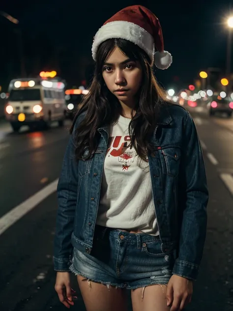 Girl with sad look, Santa Claus hat , wearing levis jacket, standing of a busy highway at night.bokeh of vehicle lights,auto focused, ultra detail, hdr photography