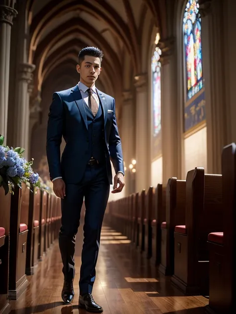 k hd，8K分辨率，professional photoshooting，profesional lighting，two very attractive men，30 age old，brush cut，ssmile，tall and fit，cool guy，A person holds a bouquet of blue roses in his hand，elegant suit，Impressive appearance，In a luxurious and modern cathedral，T...