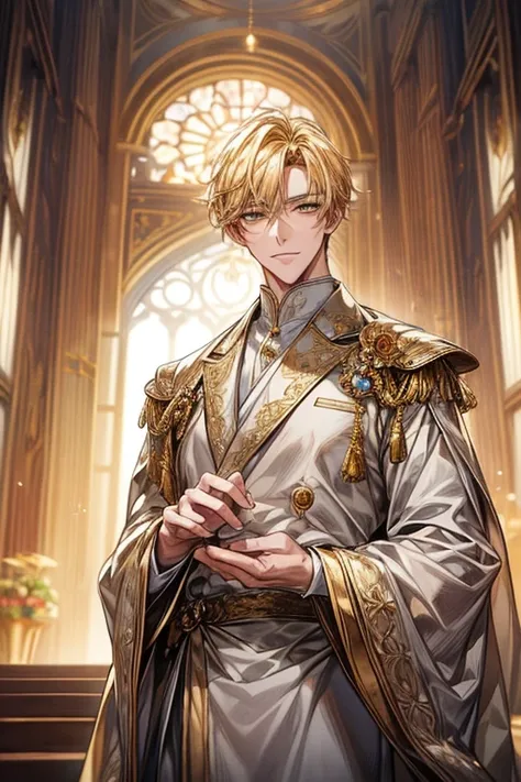 ((​masterpiece:1.2、top-quality))、1male people(((straight short hair、golden yellow hair)))、Golden Eyes(a handsome:1.4)、long eyelashes、Fantasia、校服、royalty、blooming flowers、sunlights、royal hall hall、 Detailed background, 拡散sunlights、extra detailed face、A slig...