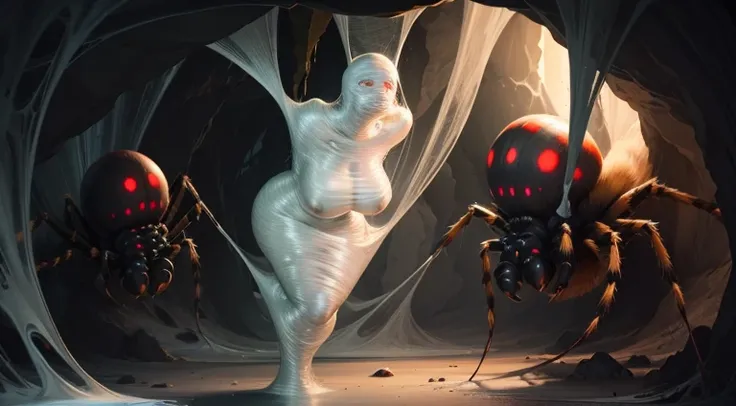 10 girls trapped within slimy sticky rubbery silk cocoons, inside large dark cave filled with spider webs, a single gigantic spider looms over, floor is covered with a slimy substance