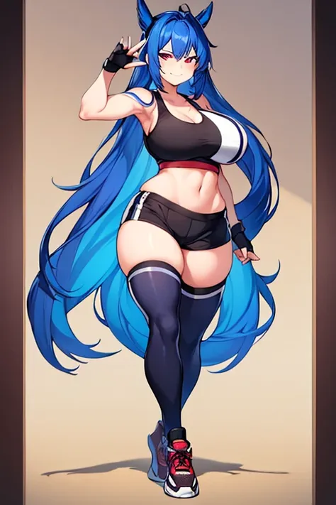 1girl, breasts, large breasts, wide hips, blue hair, long hair, red eyes, smirk, smile, smug, sports bra, black sports bra, sportswear, black shorts, fingerless gloves, thighhighs, blue trim, full body, ((full body)), standing