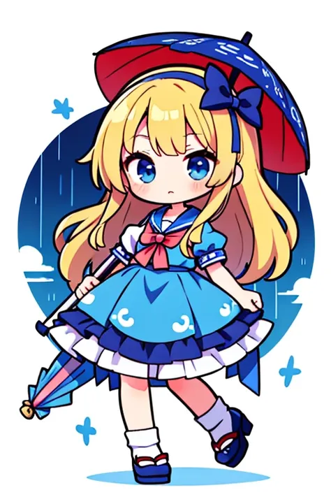 Anime character in a blue dress with a sailor hat and an umbrella, Chibi, touhou character, iwakura lain, kawaii rainy gloomy, Lori, mitsumayo, from touhou, safebooru anime image, In anime style, Kantai Collection Style, In an anime style, beatrice blue, a...