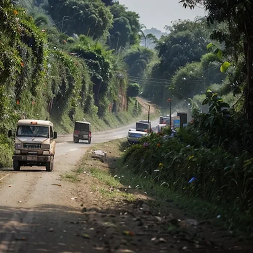 Burmas Rakhine Roma Mountains are trading goods with large trucks. On the Roma, there are lush green forests and beautiful flowers and birds.