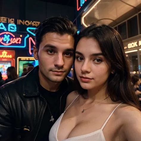 Selfie of a 21-year-old girl with a mature 30-year-old man, ambos visten elegante, They are in a museum of neon lights, fondo de museo de luces