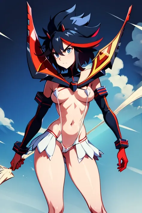 Ryuko matoi from kill la kill almost naked wirh skimpy revealing cloth pieces and red sharp straps