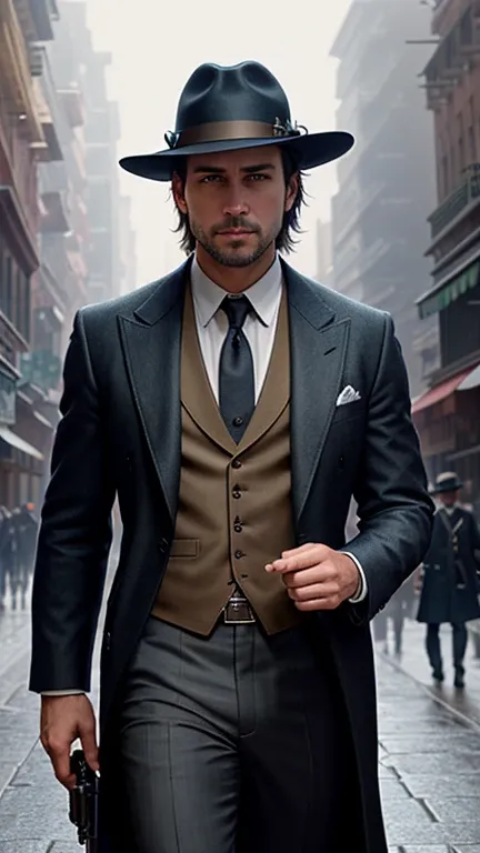 photo of (MCHasDex:0.99), a man as a detective, (walking down a street at night), (holstered gun), modelshoot style, (extremely detailed CG unity 8k wallpaper), photo of the most beautiful artwork in the world, professional majestic oil painting by Ed Blin...