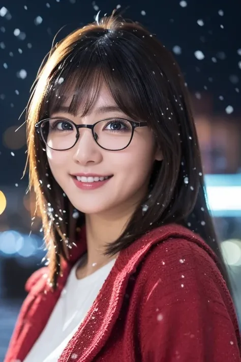 1 girl in, (wear a knit jacket :1.2), (glasses : 1.2), (Raw photo, Best Quality), (Realistic, Photorealsitic:1.4), masterpiece, Extremely delicate and beautiful, Extremely detailed, 2k wallpaper, amazing, finely detail, the Extremely Detailed CG Unity 8K W...