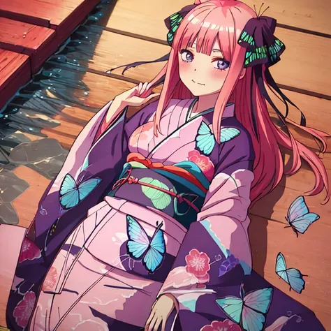 {Best Quality}, {very aesthetic}, {Ultra-detailed}, {Best Illustration}, one girls, japanese kimono, Kimono with butterfly pattern, nsfw, Pink hair