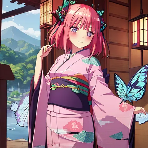 {Best Quality}, {very aesthetic}, {Ultra-detailed}, {Best Illustration}, one girls, japanese kimono, Kimono with butterfly pattern, nsfw, Pink hair