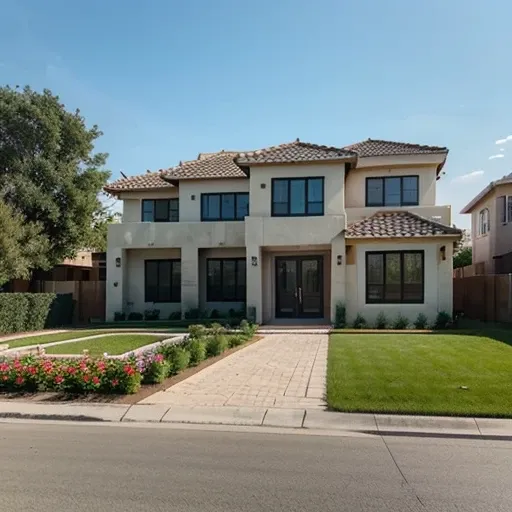 A beautiful one-story building with a modern design in a large yard, a nice car, a flower garden, a fun family, and a delightful experience.