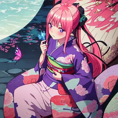 {Best Quality}, {very aesthetic}, {Ultra-detailed}, {Best Illustration}, one girls, japanese kimono, Kimono with butterfly pattern, nsfw, Pink hair