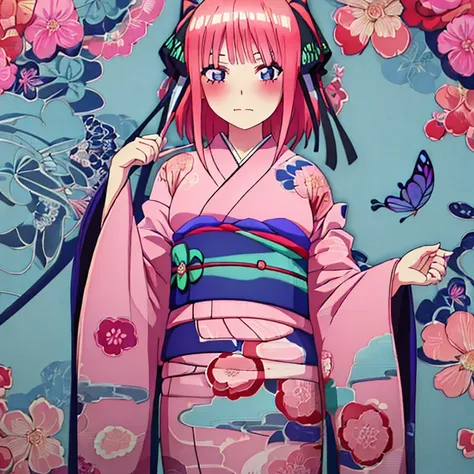 {Best Quality}, {very aesthetic}, {Ultra-detailed}, {Best Illustration}, one girls, japanese kimono, Kimono with butterfly pattern, nsfw, Pink hair