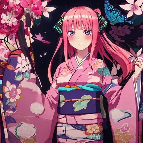 {Best Quality}, {very aesthetic}, {Ultra-detailed}, {Best Illustration}, one girls, japanese kimono, Kimono with butterfly pattern, nsfw, Pink hair