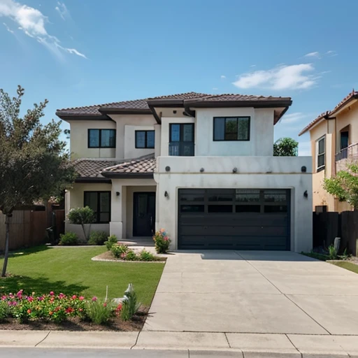 A beautiful one-story building with a modern design in a large yard, a nice car, a flower garden, a happy family, and a delightful... digital photo