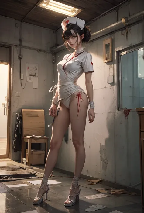 (Detailed illustrations,Very detailed and detailed drawing,Delicate lines with slow and rapid,Realistic texture expression),[Color tressed main line],Inorganic concrete room[Night Hospital],(Japan adult female[28 year old](Zombie Nurse))Hair put together [...