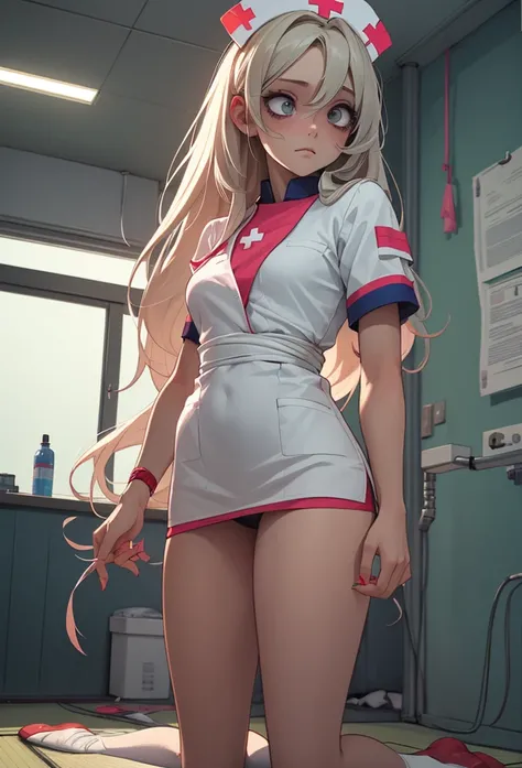 (Detailed illustrations,Very detailed and detailed drawing,Delicate lines with slow and rapid,Realistic texture expression),[Color tressed main line],Inorganic concrete room[Night Hospital],(Japan adult female[28 year old](Zombie Nurse))Hair put together [...