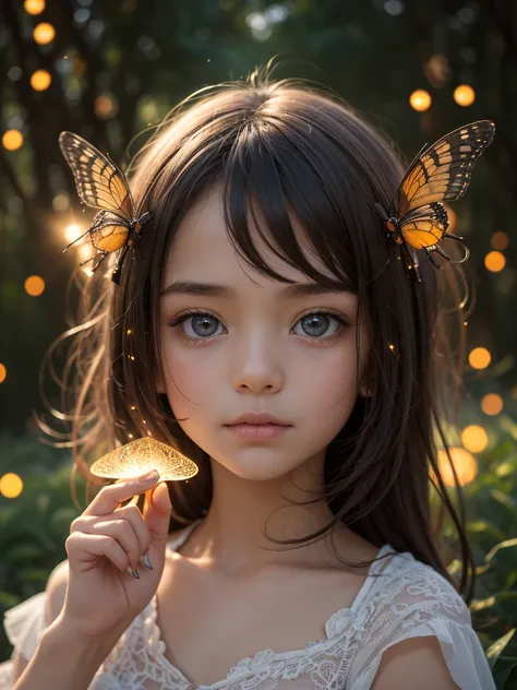 A beautiful starry night at the woods, scattering fireflies, mythical fairy flying into a European Little girls hand, detailed face, detailed eyes, bokeh, shallow depth of field, insanely detailed and intricate