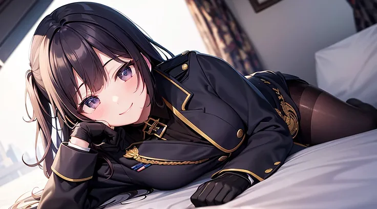 punk、PC Wallpapers、One Person、military uniform dress with little exposure、Beautiful girl with a smile、kawaii pose、Lie down