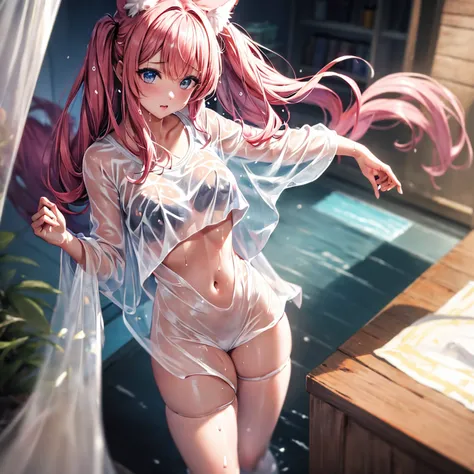 One girl anime styled。girl with。Blue eyes。 in estruig fox Tail。Looking at the camera,fox ear, pink hair, white crop top, fox tail, girl 18 old , utral light, sitting in the bedroom,hair hair, wear pantie, wear dress, salon,Wet and see-through、cute little、b...