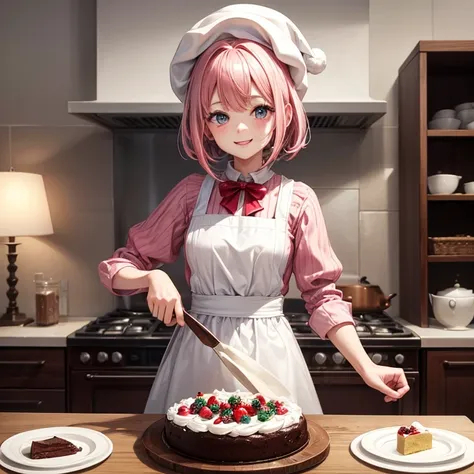 1girl in, Solo, kitchin、patissier、chocolate cake、Christmas cake、décor、pinkhair, bob cuts、hat、White cooking clothes、apply cream to the nose、Invincible smile、 Standing, a closeup、Highest quality image quality、8K、An ultra-high picture quality、