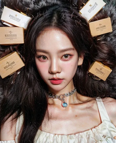 un primer plano de una mujer recostada sobre una alfombra de piel con cajas de perfume, maquillaje popular de Corea del Sur, maquillaje coreano popular, ulzzang, dilraba dilmurat, Wan adorable cara coreana, Xision Wu, Yanjun Chengt, Hermosa modelo china, J...