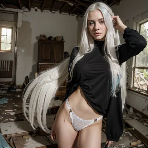 a white girl with long and white hair, perfect face, light blue eyes, 18 yo girl, sexy body, big tits, realistic, in an abandoned house, black clothes