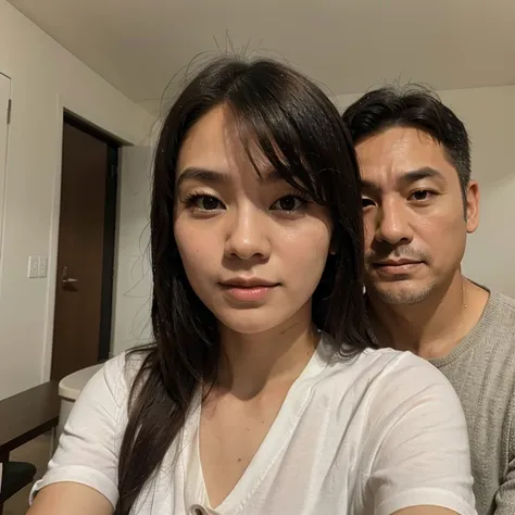 Selfie of a 22 year old girl with a very attractive 45 year old Korean man, fondo en sala de estar, fondo dentro de la casa, fondo en la cocina