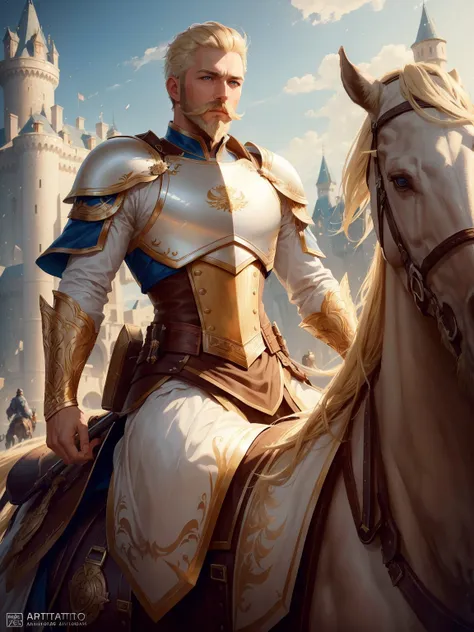 ((a masculine man with short blonde hair and a full blonde beard with mustache, in a white armor riding a horse)), blue eyes,  h...