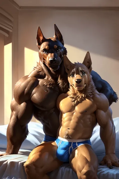 (duo, size difference, father and son:1.9) muscular anthro dobermann, (sitting, in bed, presenting worried father conforting crying son for the viewer:1.9). 4k, high resolution, best quality, posted on e621, solo, anthro body, anthro dobermann, black and t...