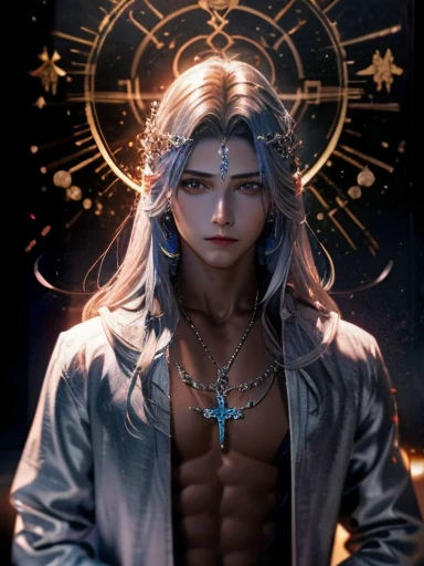 cross necklace、silber hair、wear a blue aura、good looking men、look into the viewer's eyes、please wear a blue aura。masutepiece、bes...