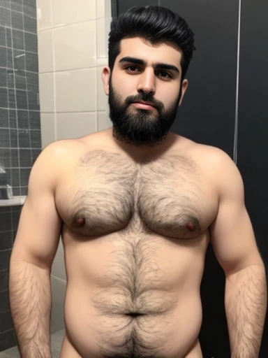 Lebanese boy, short messy black hair, ugly, lazy, boring, bathroom, facial hair, hairy body, overweight