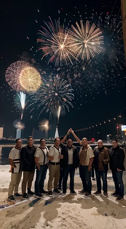 Group of guys standing together for big photo to celebrate new years with epic backround