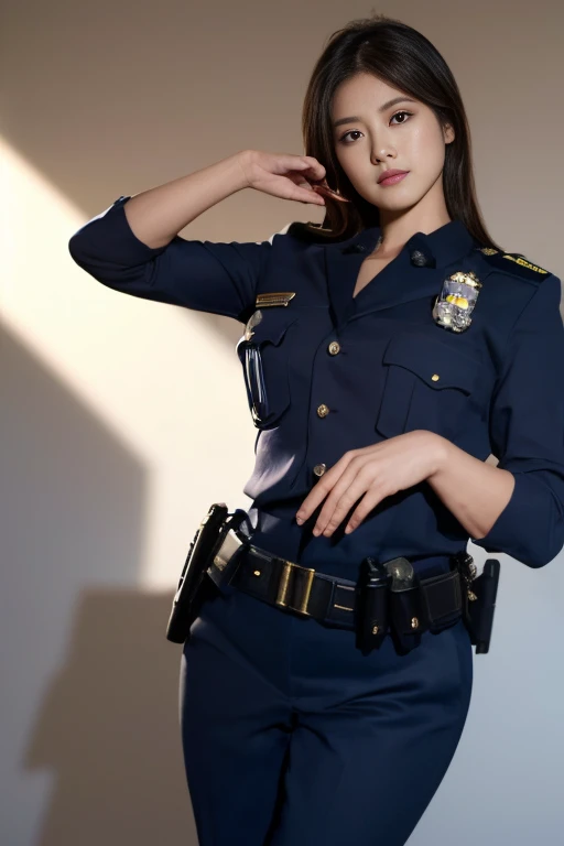 Photorealistic beautiful police woman、stunningly beautiful、Wearing the (((police uniform:1.5))) ,, (top-quality、8K、32K、​masterpiece、NSFW:1.3)、超A high resolution,(Photorealsitic:1.4),Raw photography, Detailed face,,Beautiful hair, (police Style)), , tight s...