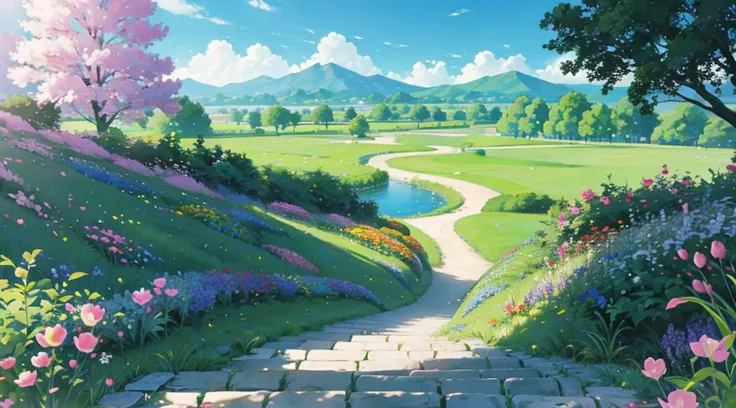 Manhwa background, garden, flowers, scenery, anime screencap, anime background, tress, background