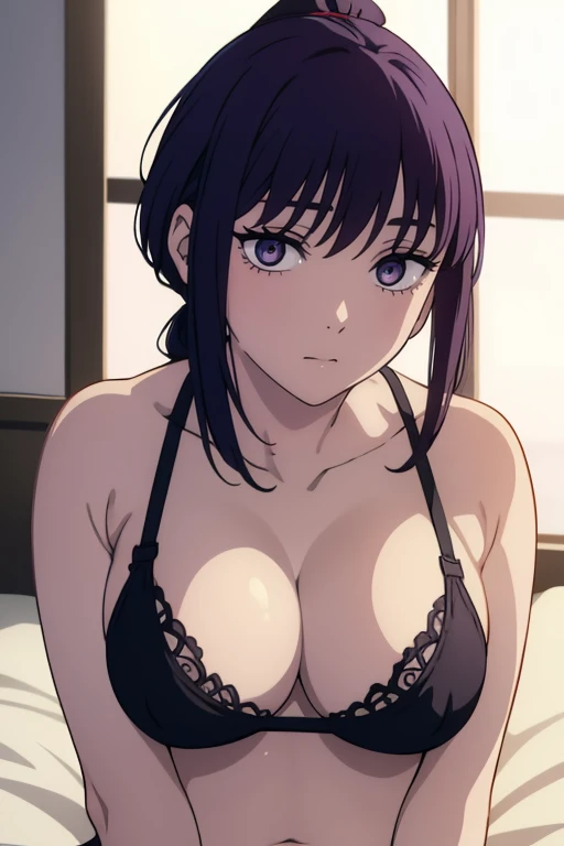 Hinata_hyuga, 1girl,  short hair, grey eyes
 big boobs, wearing purple bra panties, looking hot sexy, sitting on the bed, looking at viewer, highly detailed on eyes nose lips face, and beauty, looking at viewer, ponytail hair, beautiful eyes highly detaile...