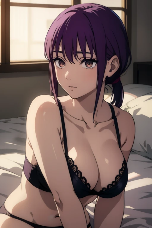 Hinata_hyuga, 1girl,  short hair, grey eyes
 big boobs, wearing purple bra panties, looking hot sexy, sitting on the bed, looking at viewer, highly detailed on eyes nose lips face, and beauty, looking at viewer, ponytail hair, beautiful eyes highly detaile...