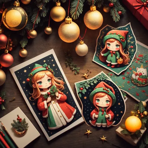 Christmas stickers de jugetes. The girl is wearing a festive outfit and is standing in a garden decorated with colorful lights and ornaments. The medium is a combination of illustrations and photographs, creating a whimsical and playful atmosphere. The sce...