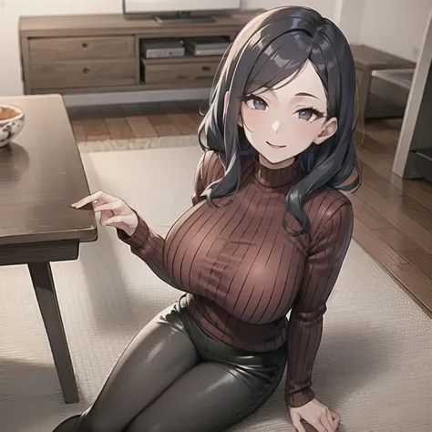 masterpiece, best quality, 1girl, solo, mature female, wavy hair, medium hair, black hair, black eyes, double-parted bangs, huge breasts, ribbed shirt, long sleeves, brown shirt, black pants, smile, looking at viewer, living room