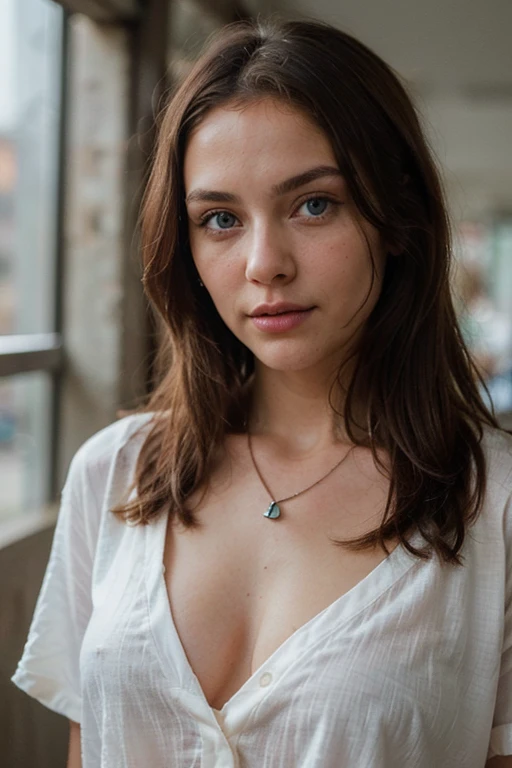 (Please generate an image of a young woman wearing a shirt and necklace. She has brown hair, bigger, eBlue eyes, and a subtle, natural makeup. The photo should show that she has no obvious makeup, She should look directly into the camera. The face should l...