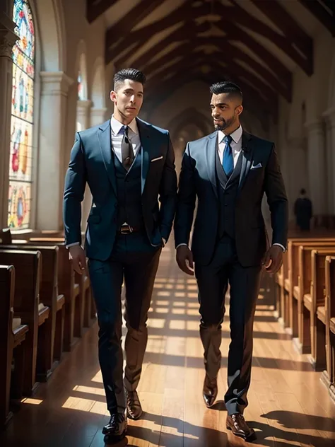 k hd，8K分辨率，professional photoshooting，profesional lighting，two very attractive men，30 age old，Big handsome guy，Blue eyeearded，Brush cut，(ssmile)，tall, cool and handsome，cool guy，Two people walking together，Soulful gaze，elegant suit，Impressive appearance，In...