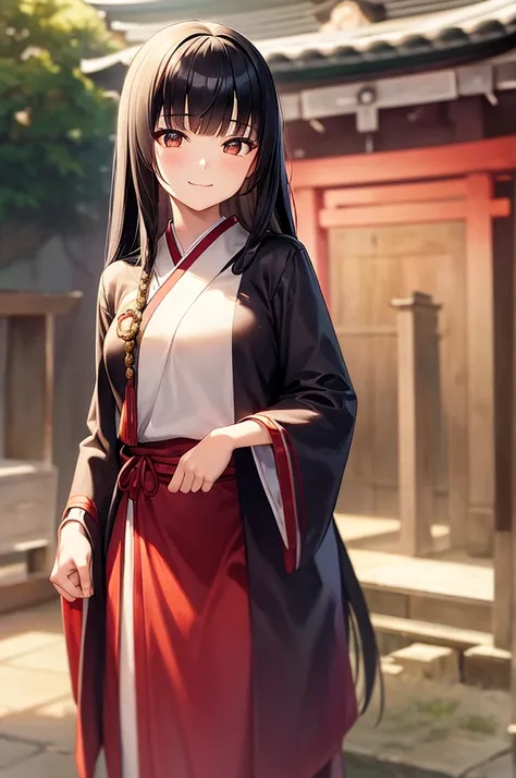 masterpiece, best quality, ultra-detailed, 1girl, young girl, solo, black hair, long hair, blunt bangs, brown eyes, smile, close mouth, small breasts, Japanese-shrine, Japanese-shrine maiden, Japanese-shrines-maiden-uniform