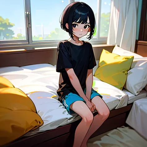 masterpiece, best quality, 1boy, solo, child, straight hair, very short hair, short bangs, black hair, black eyes, black t-shirt, blue shorts, sitting on bed, looking at viewer, frown