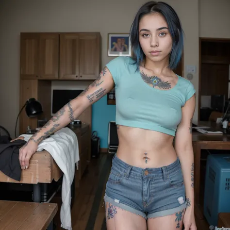 una mujer joven modelo de tatuajes vestida con camiseta de asas y short vaquero corto, en estudio de tatuajes sentada en silla , pelo rubio corto, tatuajes old school, iluminacion neon azul