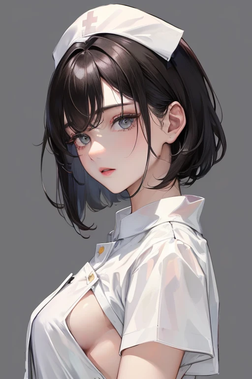 (Top resolution、Distinct_image)top-quality、femele、​masterpiece、ighly detailed、Semi-realistic、Black short hair、Dark hair、grey  eyes、25-years old、Mature、年轻、exquisite facial features acial features,Nurse、naked