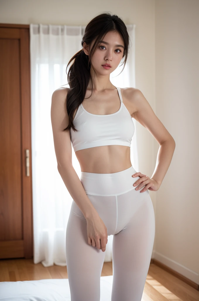 realistic, photography, raw photo, high quality, 8k resolutions, high detail, 1girl, beautiful super model, wearing sexy white top tank and leggings, standing, beautiful room background, half body, soft light,